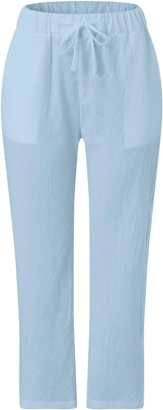 Women's Linen Pants Casual Loose High Waist Drawstring Straight Leg Lace Capri Cropped Pants Trousers with Pockets