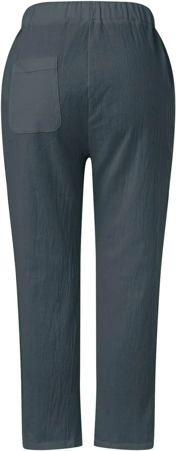 Women's Linen Pants Casual Loose High Waist Drawstring Straight Leg Lace Capri Cropped Pants Trousers with Pockets