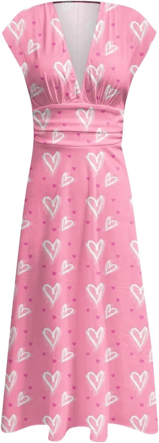 Women's Long Casual Dress Spring Summer Short Sleeve V-Neck Waist Retraction Printed Dress Fashion