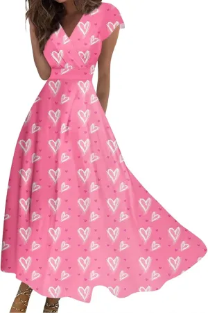 Women's Long Casual Dress Spring Summer Short Sleeve V-Neck Waist Retraction Printed Dress Fashion