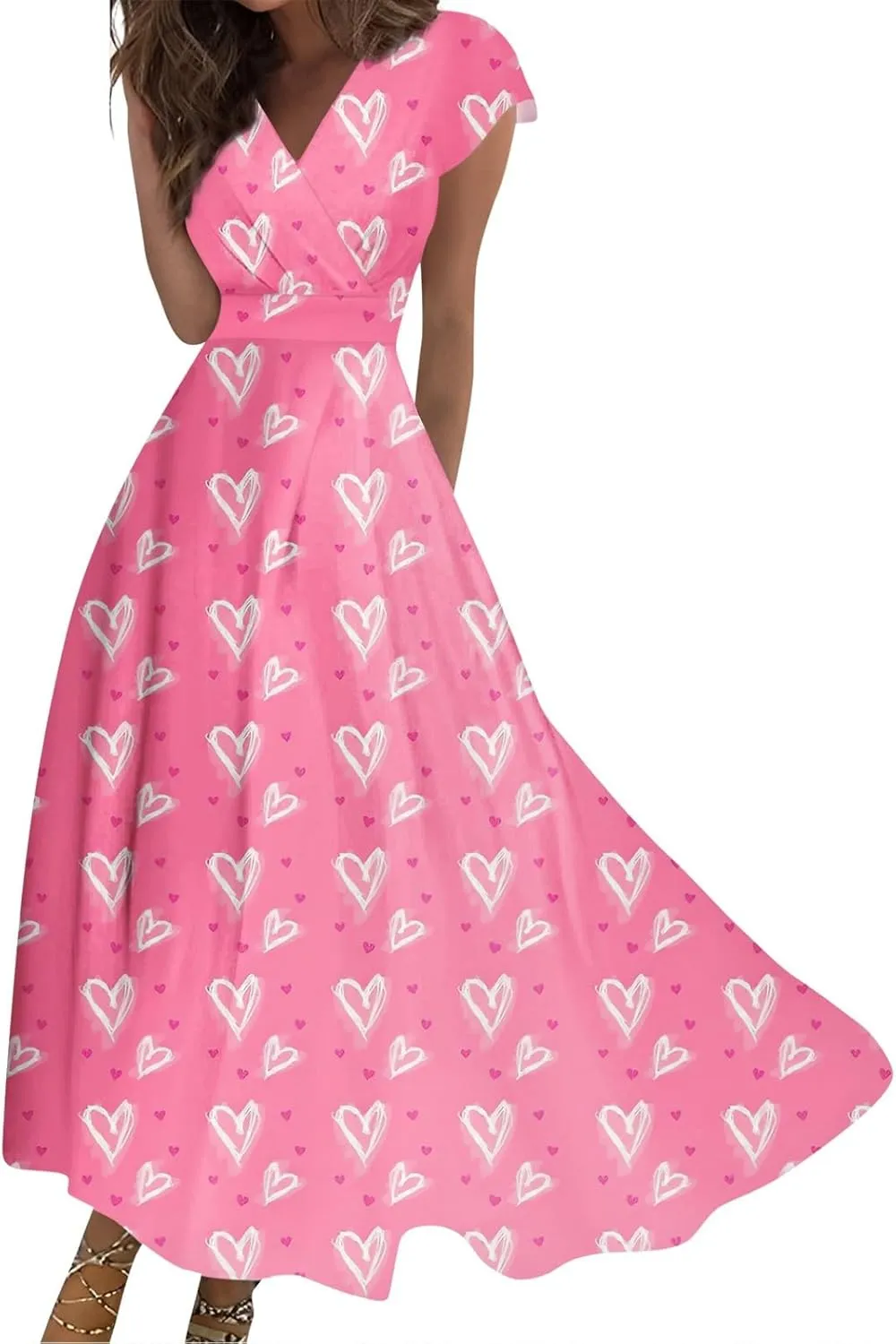 Women's Long Casual Dress Spring Summer Short Sleeve V-Neck Waist Retraction Printed Dress Fashion