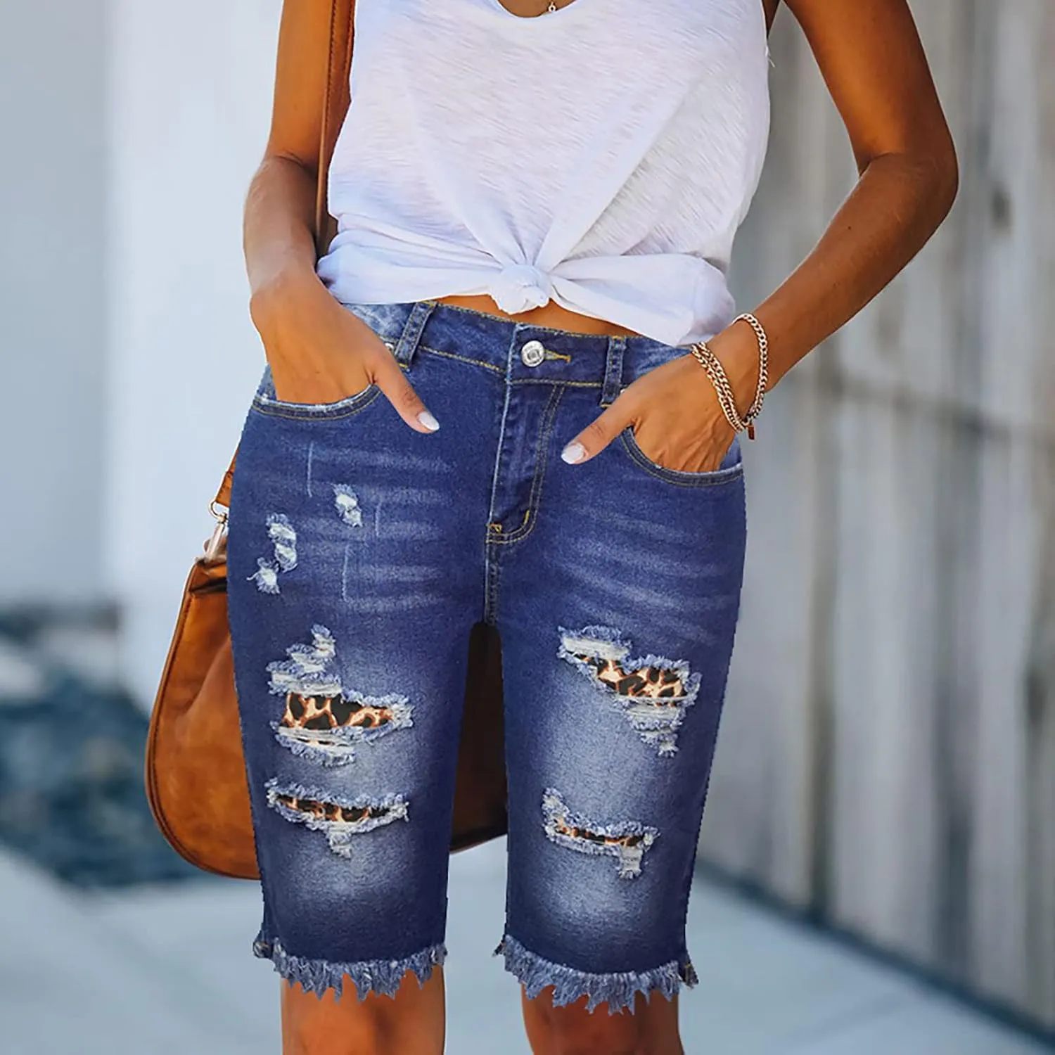 Womens Long Jean Shorts High Waisted Frayed Cut Off Bermuda Short Ripped Distressed Knee Length Stretch Denim Shorts