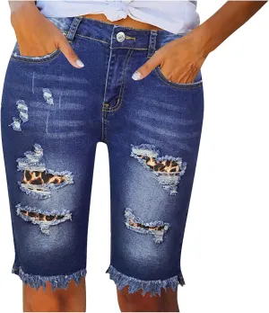 Womens Long Jean Shorts High Waisted Frayed Cut Off Bermuda Short Ripped Distressed Knee Length Stretch Denim Shorts