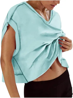 Womens Open Back Workout Tops Backless Short Sleeve Casual Loose Gym Running Athletic Yoga Shirts Plus Size Crop Tees