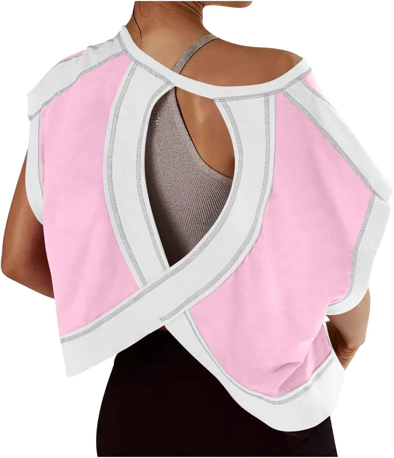 Womens Open Back Workout Tops Backless Short Sleeve Casual Loose Gym Running Athletic Yoga Shirts Plus Size Crop Tees