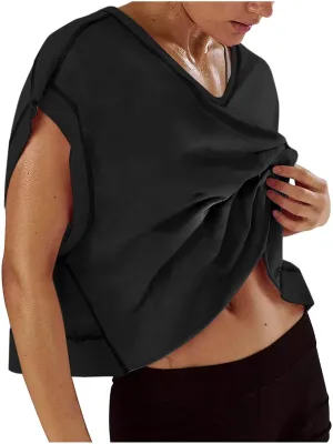 Womens Open Back Workout Tops Backless Short Sleeve Casual Loose Gym Running Athletic Yoga Shirts Plus Size Crop Tees