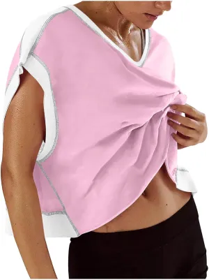 Womens Open Back Workout Tops Backless Short Sleeve Casual Loose Gym Running Athletic Yoga Shirts Plus Size Crop Tees
