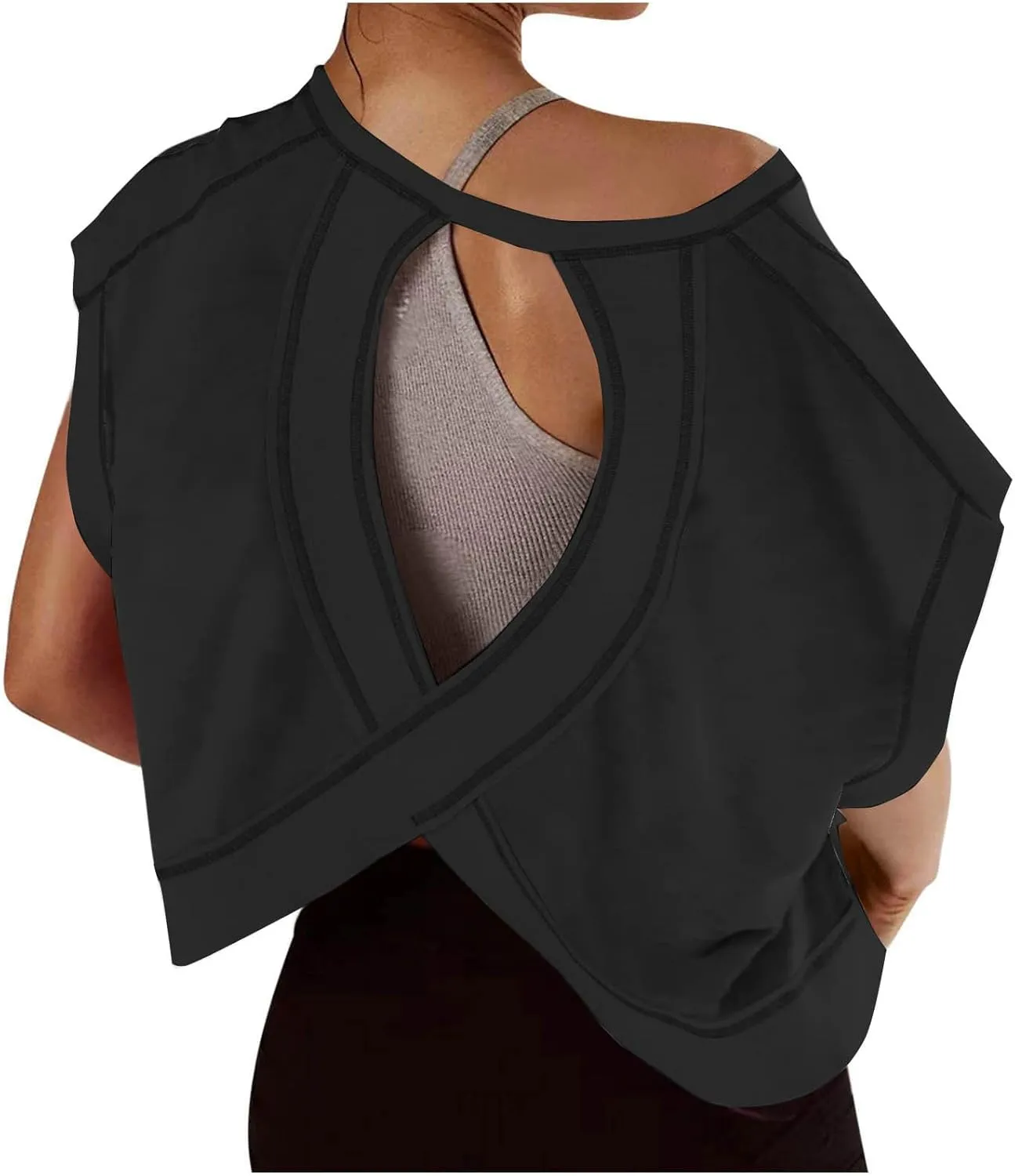 Womens Open Back Workout Tops Backless Short Sleeve Casual Loose Gym Running Athletic Yoga Shirts Plus Size Crop Tees