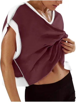 Womens Open Back Workout Tops Backless Short Sleeve Casual Loose Gym Running Athletic Yoga Shirts Plus Size Crop Tees