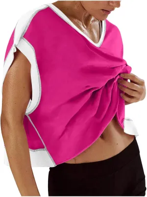 Womens Open Back Workout Tops Backless Short Sleeve Casual Loose Gym Running Athletic Yoga Shirts Plus Size Crop Tees