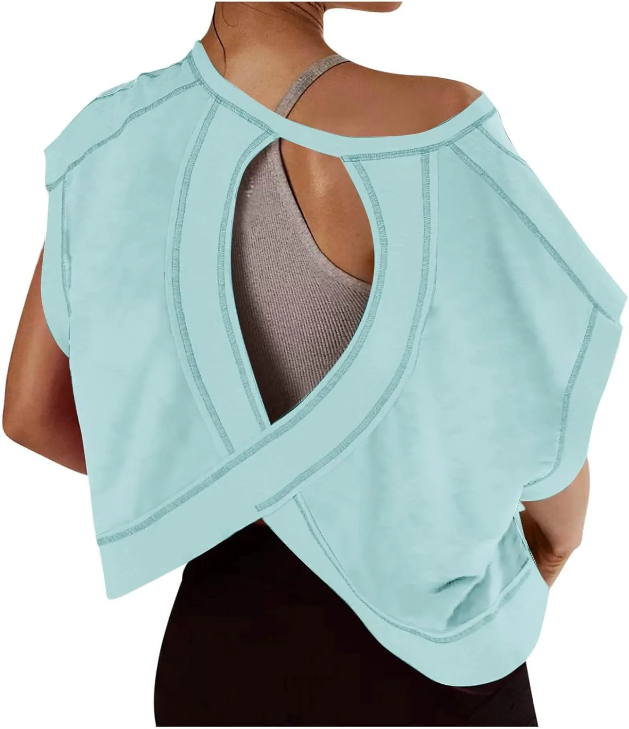 Womens Open Back Workout Tops Backless Short Sleeve Casual Loose Gym Running Athletic Yoga Shirts Plus Size Crop Tees