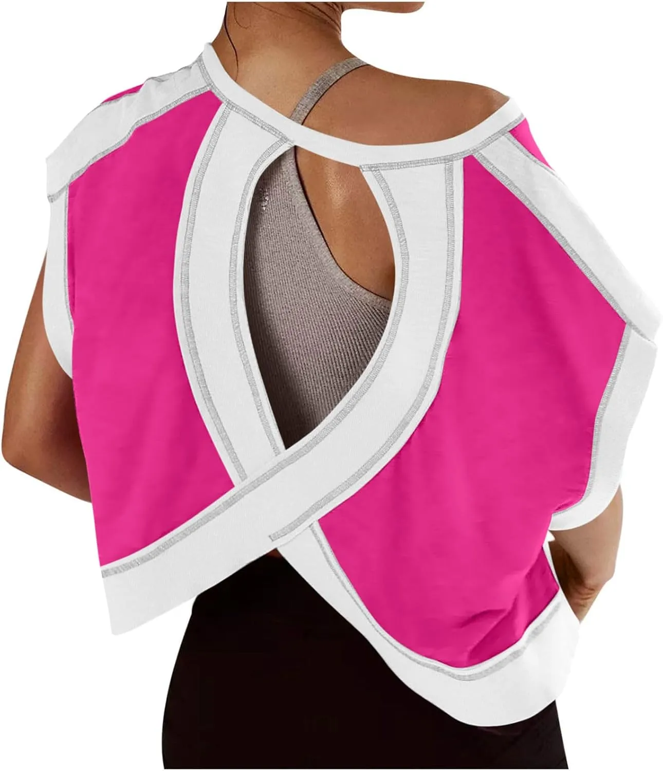 Womens Open Back Workout Tops Backless Short Sleeve Casual Loose Gym Running Athletic Yoga Shirts Plus Size Crop Tees