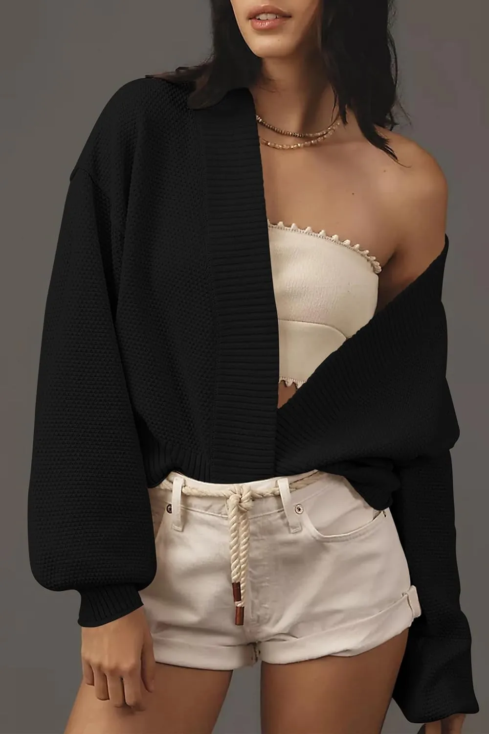 Women's Open Front Cropped Cardigan Lightweight Fall Long Sleeve Waffle Knit Cardigans