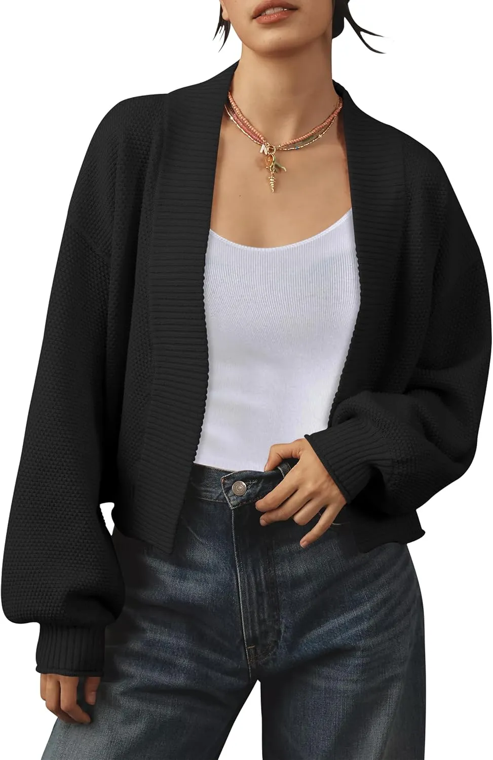 Women's Open Front Cropped Cardigan Lightweight Fall Long Sleeve Waffle Knit Cardigans