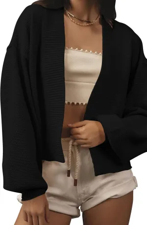 Women's Open Front Cropped Cardigan Lightweight Fall Long Sleeve Waffle Knit Cardigans