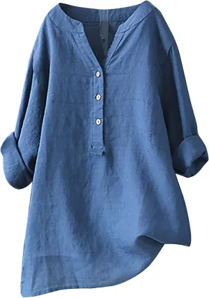 Women'S Oversize Tunic Long Sleeve Blouse Casual Midi Cotton Linen T-Shirt Tops Comfortable Plus Size High Low Shirt
