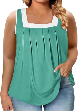 Women's Plus Size Pleated Tank Tops Colorblock Square Neck Blouse Casual Dressy Comfy Summer Loose Sleeveless Shirts