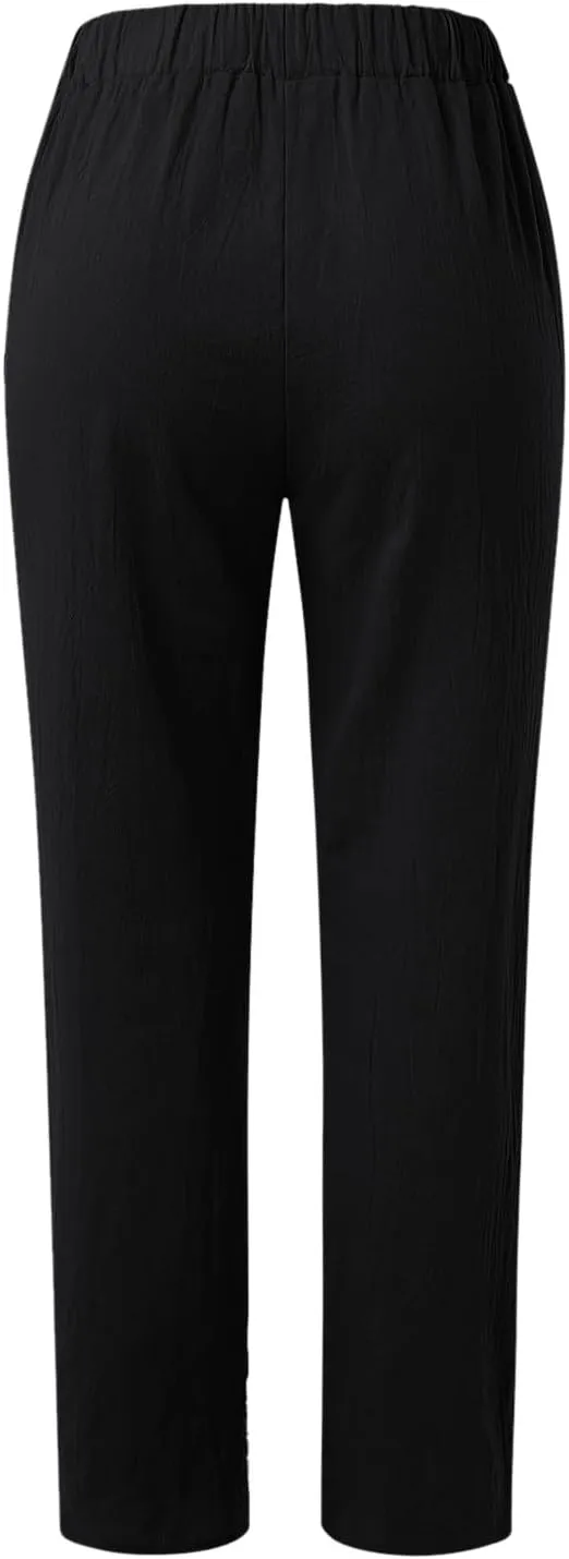 Women's Relaxed Pants Striped Side Button Elastic Waist Trendy Pants Straight Leg Baggy Trousers with Pocket