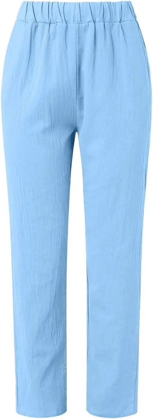 Women's Relaxed Pants Striped Side Button Elastic Waist Trendy Pants Straight Leg Baggy Trousers with Pocket