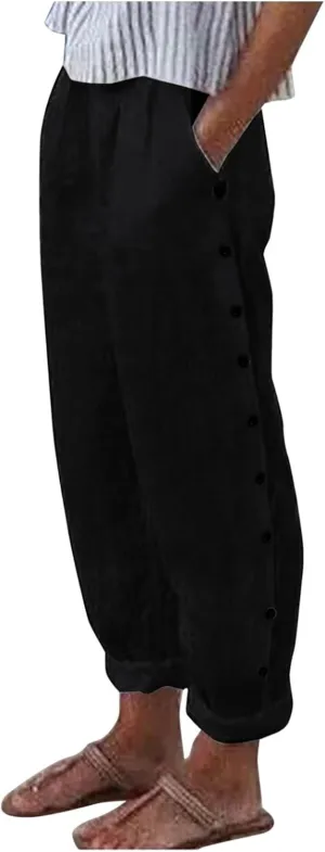 Women's Relaxed Pants Striped Side Button Elastic Waist Trendy Pants Straight Leg Baggy Trousers with Pocket