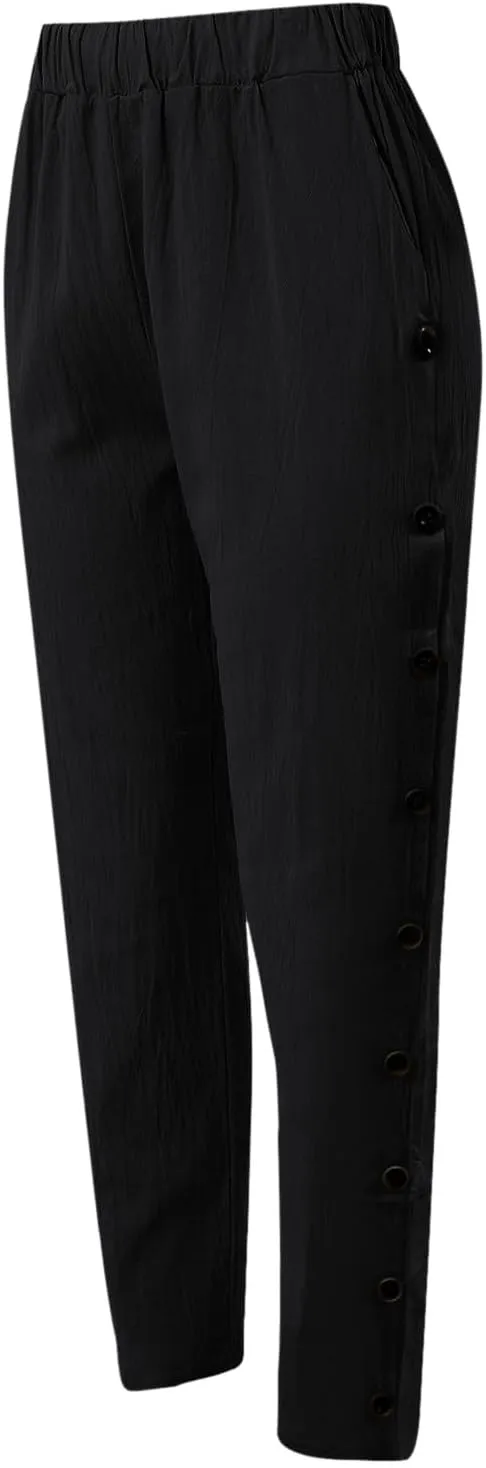 Women's Relaxed Pants Striped Side Button Elastic Waist Trendy Pants Straight Leg Baggy Trousers with Pocket