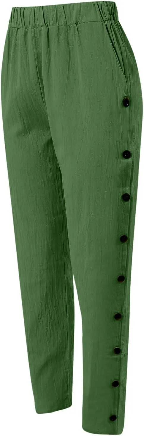 Women's Relaxed Pants Striped Side Button Elastic Waist Trendy Pants Straight Leg Baggy Trousers with Pocket