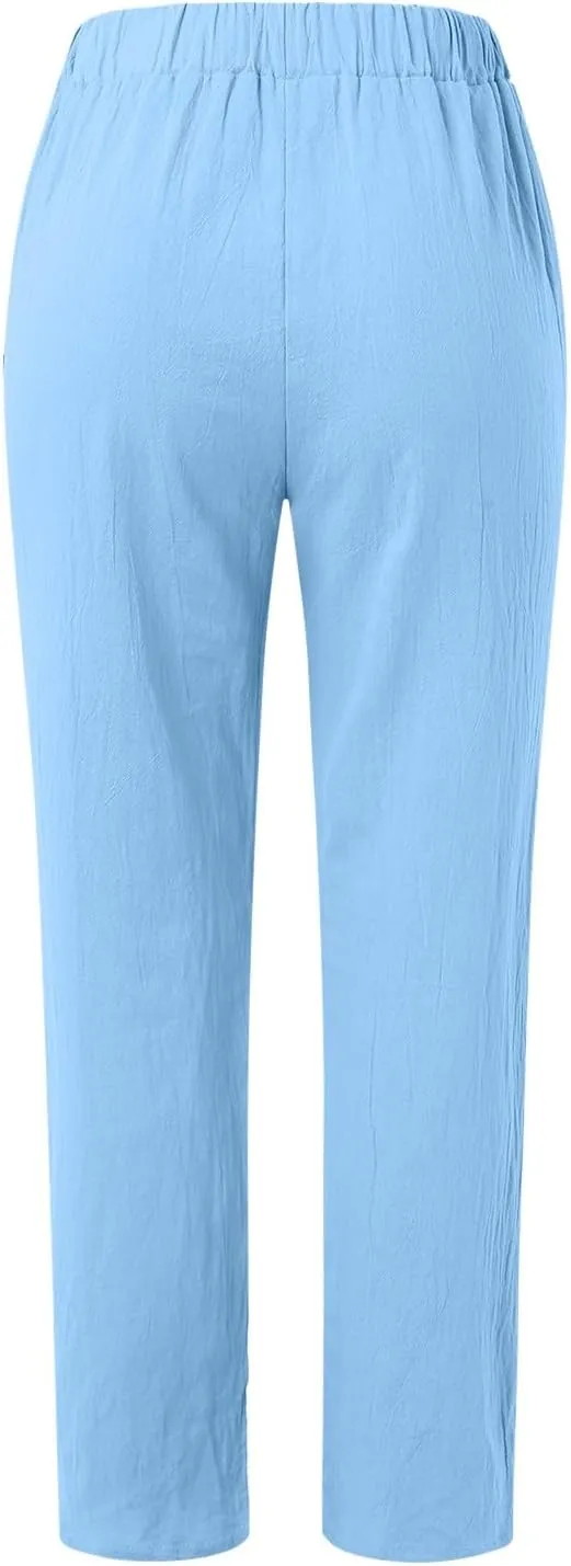 Women's Relaxed Pants Striped Side Button Elastic Waist Trendy Pants Straight Leg Baggy Trousers with Pocket