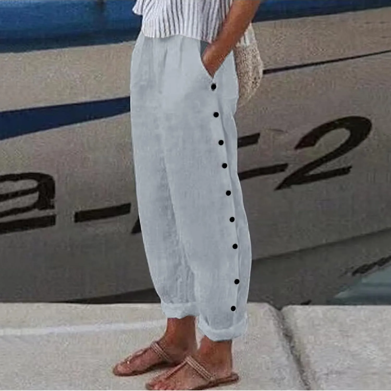 Women's Relaxed Pants Striped Side Button Elastic Waist Trendy Pants Straight Leg Baggy Trousers with Pocket