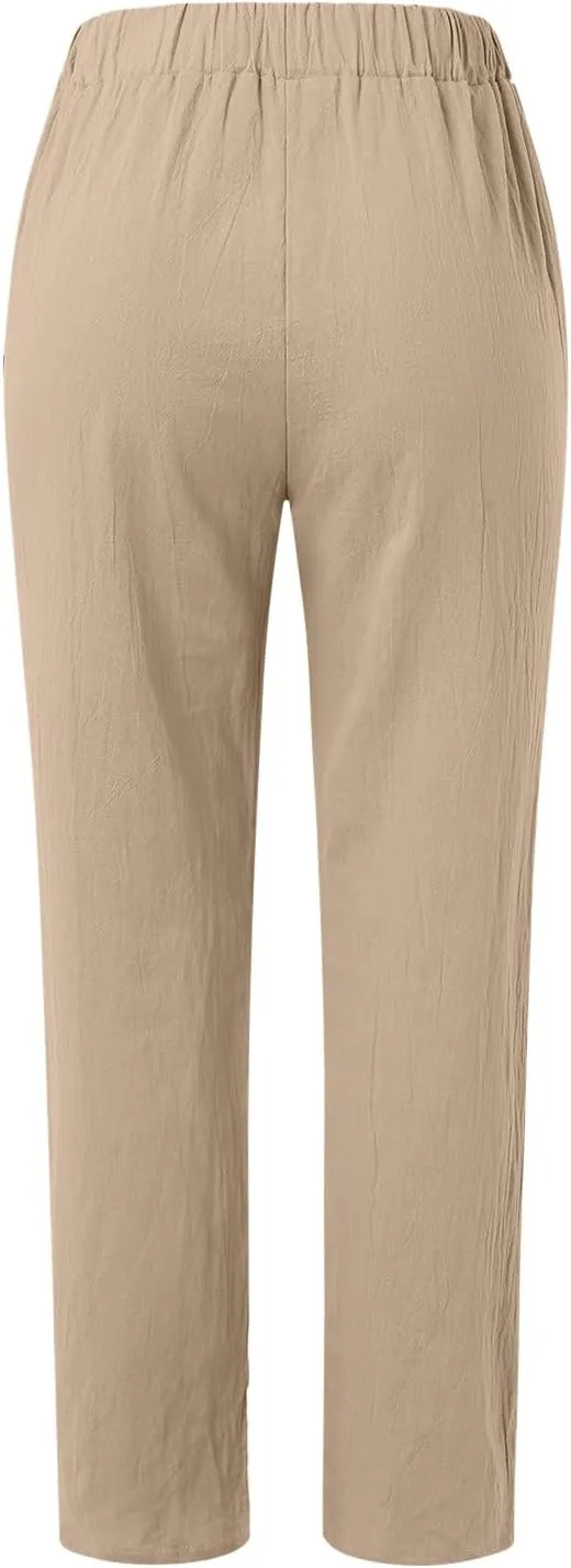 Women's Relaxed Pants Striped Side Button Elastic Waist Trendy Pants Straight Leg Baggy Trousers with Pocket