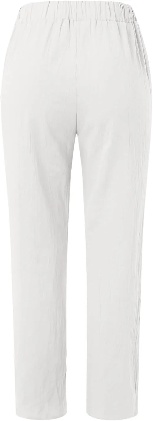 Women's Relaxed Pants Striped Side Button Elastic Waist Trendy Pants Straight Leg Baggy Trousers with Pocket