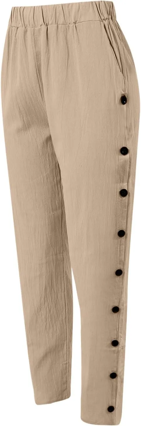 Women's Relaxed Pants Striped Side Button Elastic Waist Trendy Pants Straight Leg Baggy Trousers with Pocket
