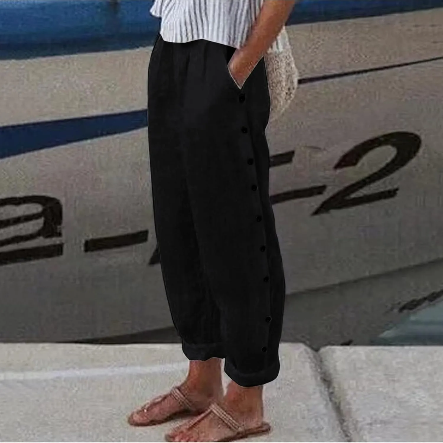 Women's Relaxed Pants Striped Side Button Elastic Waist Trendy Pants Straight Leg Baggy Trousers with Pocket