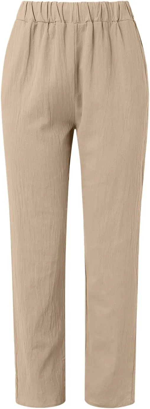 Women's Relaxed Pants Striped Side Button Elastic Waist Trendy Pants Straight Leg Baggy Trousers with Pocket