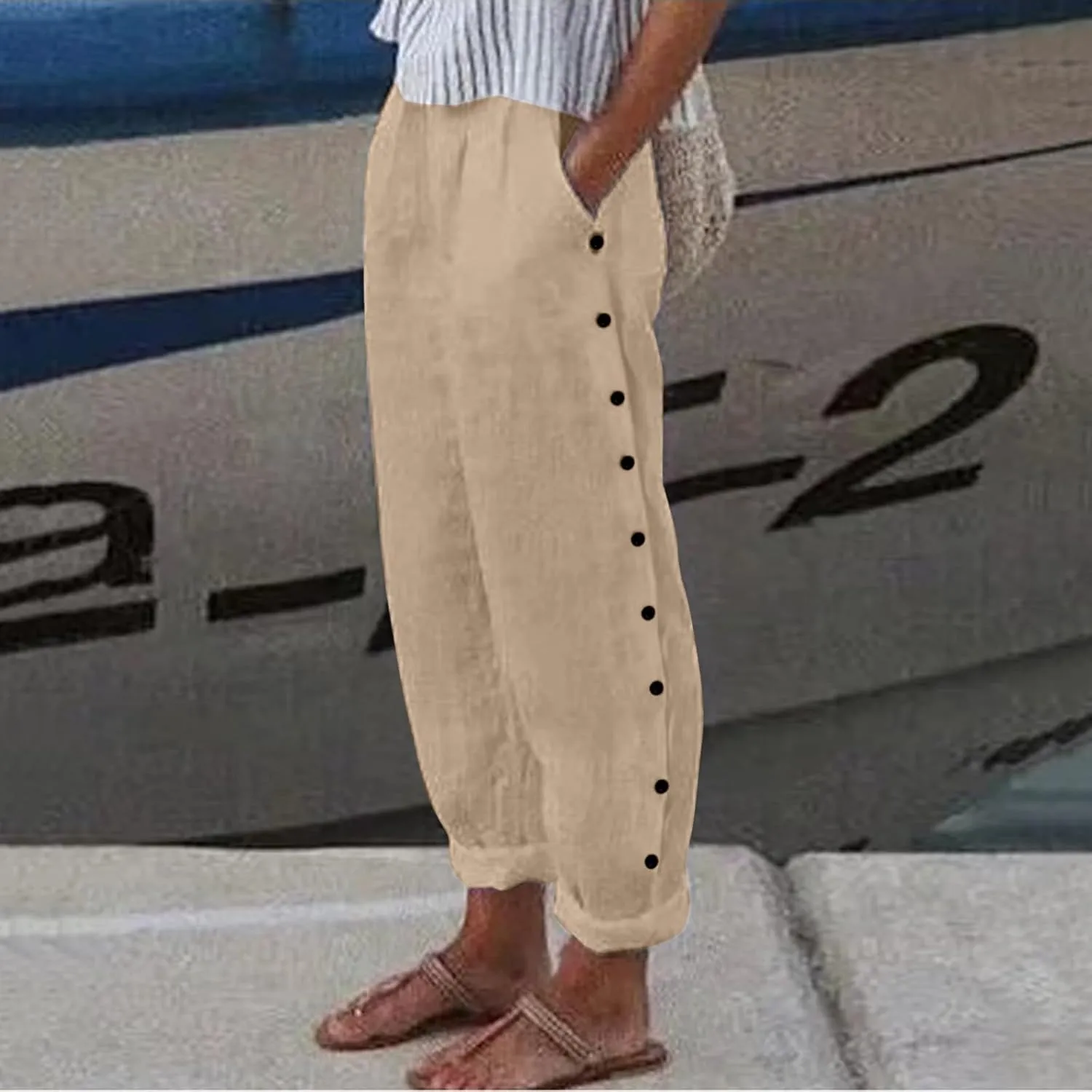Women's Relaxed Pants Striped Side Button Elastic Waist Trendy Pants Straight Leg Baggy Trousers with Pocket