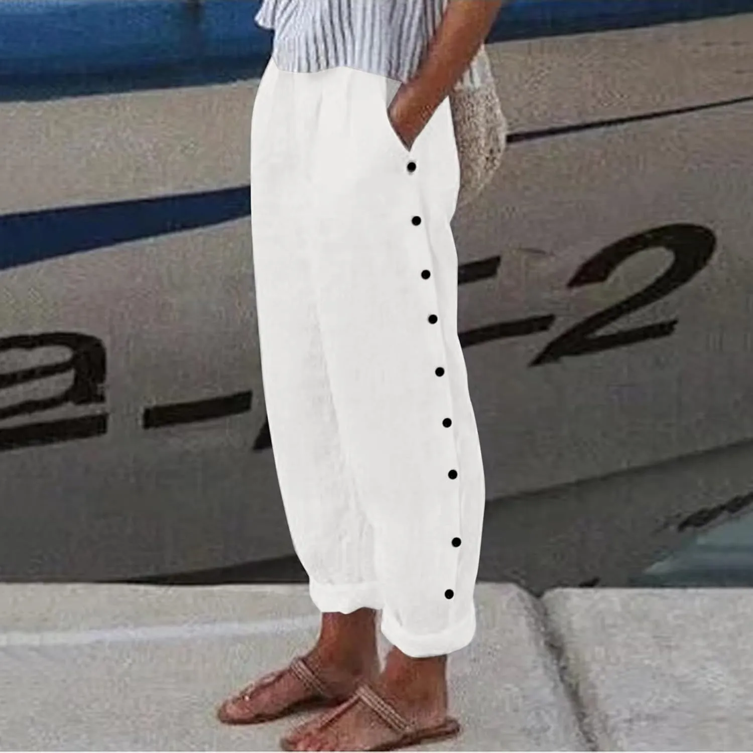 Women's Relaxed Pants Striped Side Button Elastic Waist Trendy Pants Straight Leg Baggy Trousers with Pocket