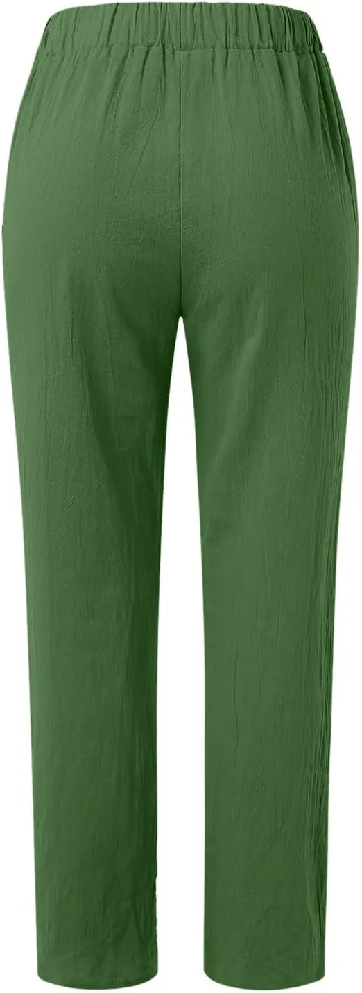 Women's Relaxed Pants Striped Side Button Elastic Waist Trendy Pants Straight Leg Baggy Trousers with Pocket