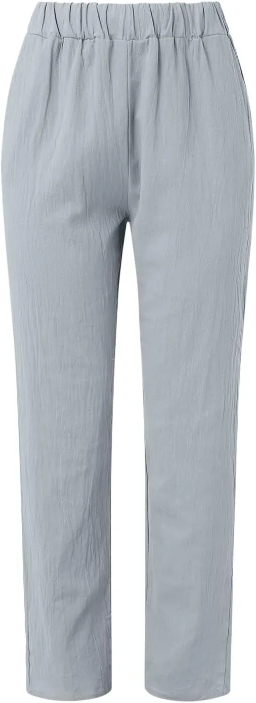 Women's Relaxed Pants Striped Side Button Elastic Waist Trendy Pants Straight Leg Baggy Trousers with Pocket