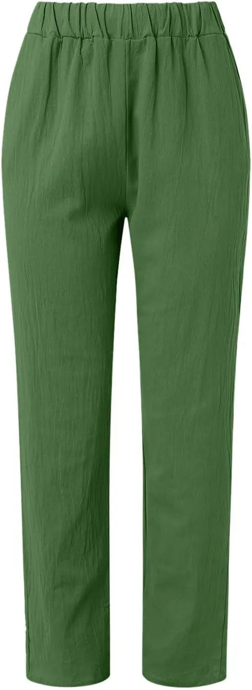 Women's Relaxed Pants Striped Side Button Elastic Waist Trendy Pants Straight Leg Baggy Trousers with Pocket