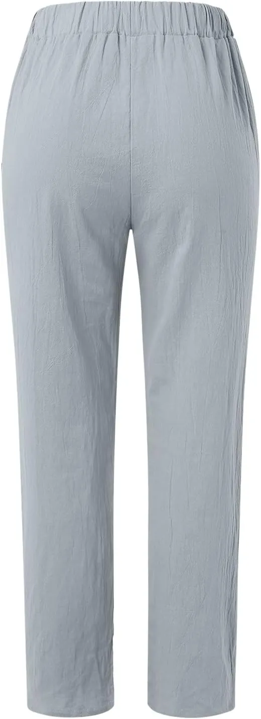 Women's Relaxed Pants Striped Side Button Elastic Waist Trendy Pants Straight Leg Baggy Trousers with Pocket