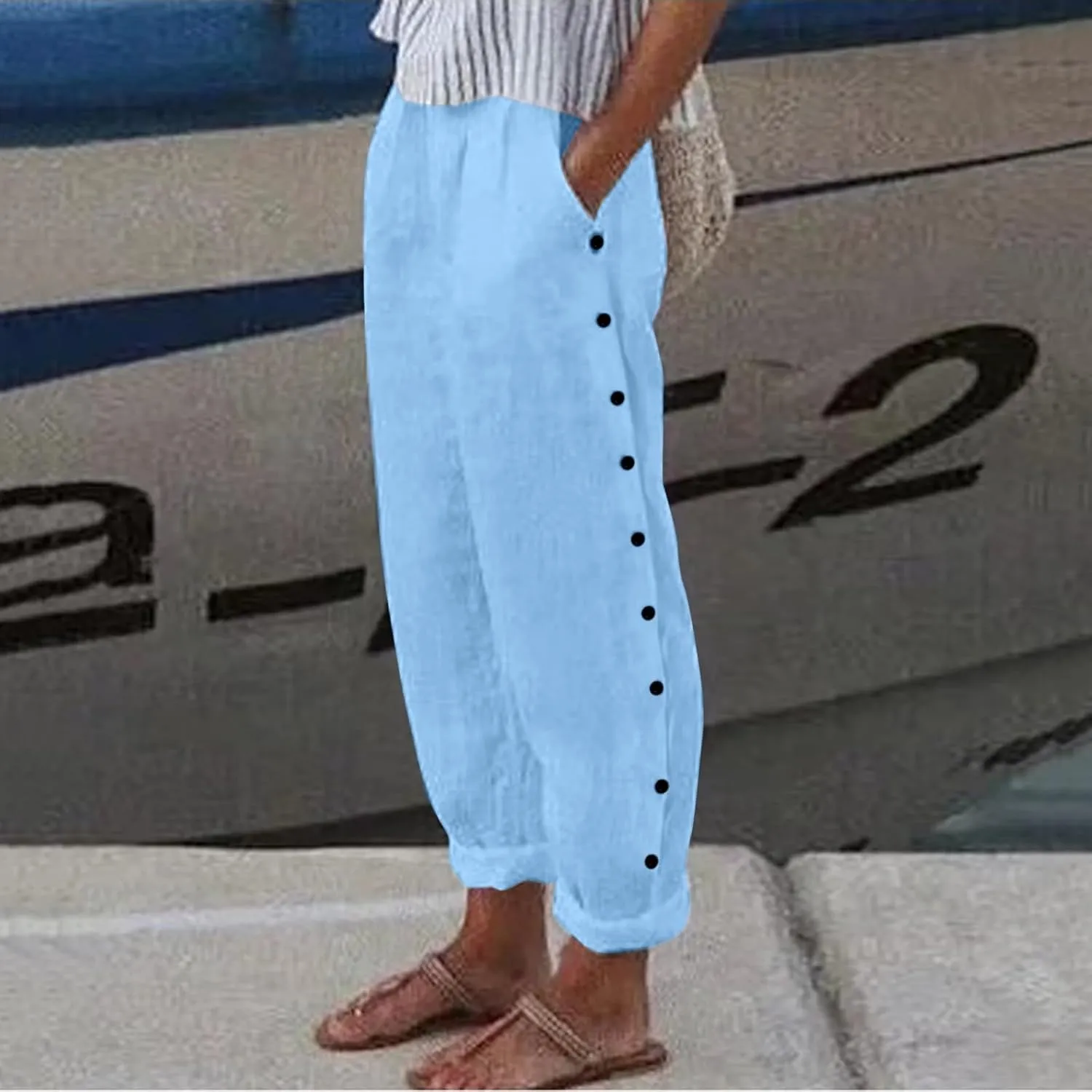 Women's Relaxed Pants Striped Side Button Elastic Waist Trendy Pants Straight Leg Baggy Trousers with Pocket