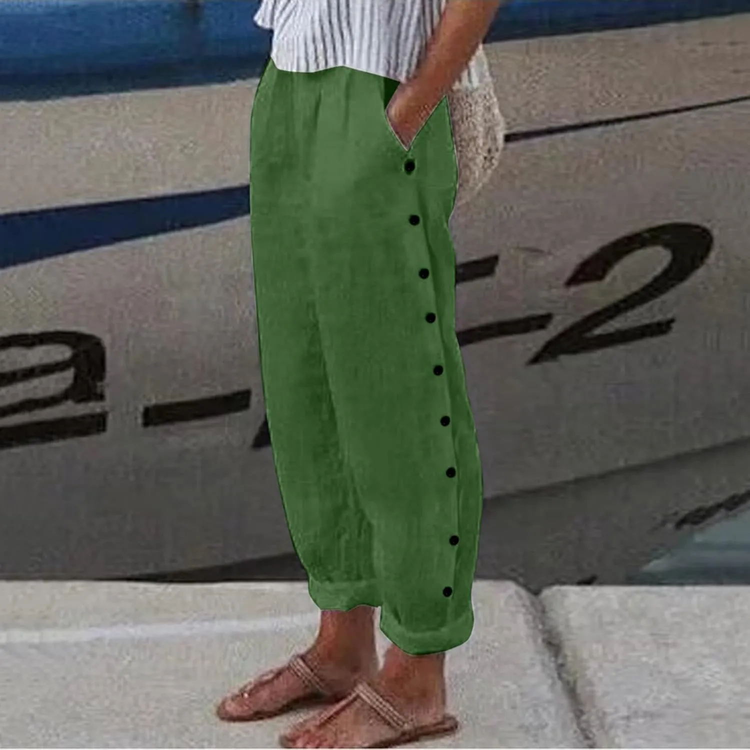 Women's Relaxed Pants Striped Side Button Elastic Waist Trendy Pants Straight Leg Baggy Trousers with Pocket