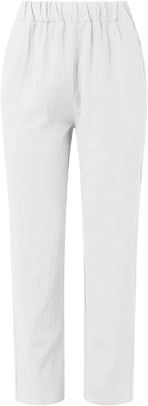 Women's Relaxed Pants Striped Side Button Elastic Waist Trendy Pants Straight Leg Baggy Trousers with Pocket