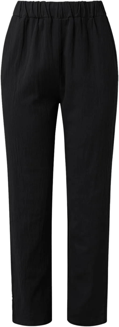 Women's Relaxed Pants Striped Side Button Elastic Waist Trendy Pants Straight Leg Baggy Trousers with Pocket