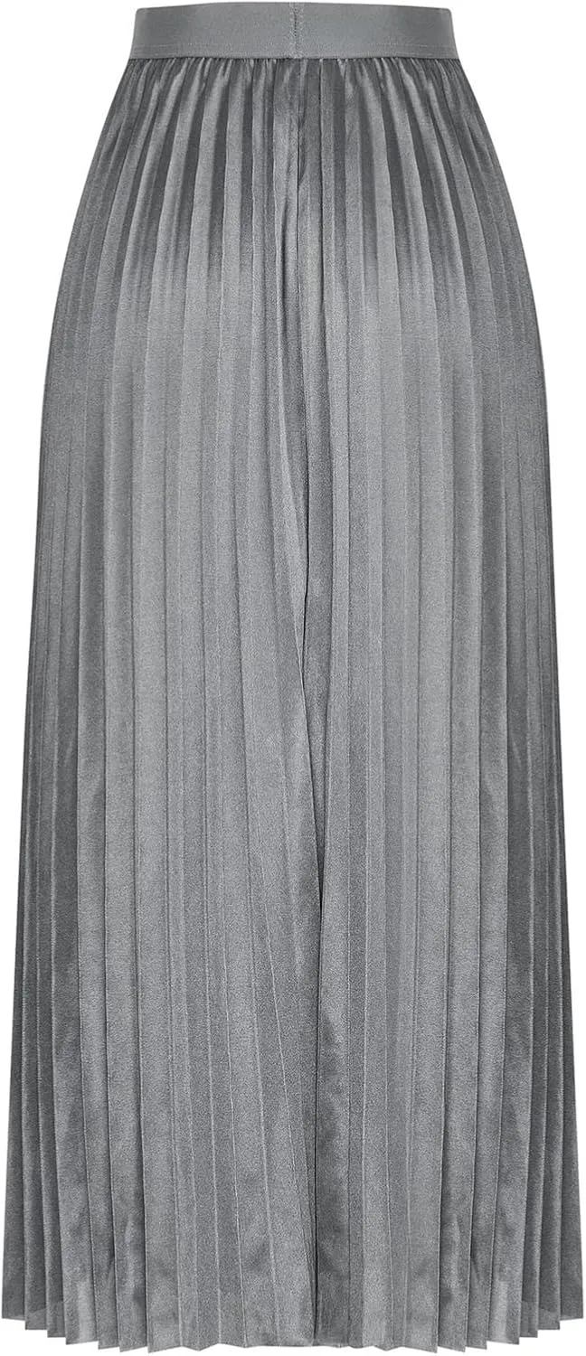 Women's Satin Pleated Skirt Elastic Waist Solid Color Maxi Skirts Plus Size Loose Elegant Long Skirt Casual Skirt