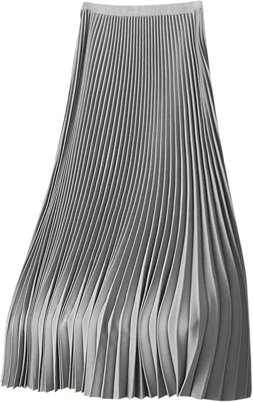 Women's Satin Pleated Skirt Elastic Waist Solid Color Maxi Skirts Plus Size Loose Elegant Long Skirt Casual Skirt