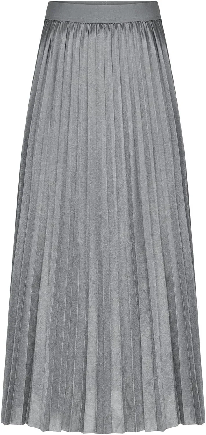 Women's Satin Pleated Skirt Elastic Waist Solid Color Maxi Skirts Plus Size Loose Elegant Long Skirt Casual Skirt