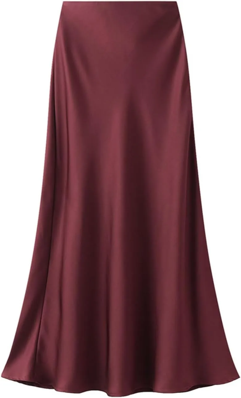 Women’s Satin Silk Midi Skirt Fishtail Mermaid High Waist Long Skirts