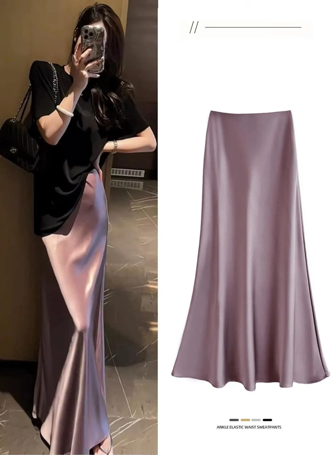 Women’s Satin Silk Midi Skirt Fishtail Mermaid High Waist Long Skirts