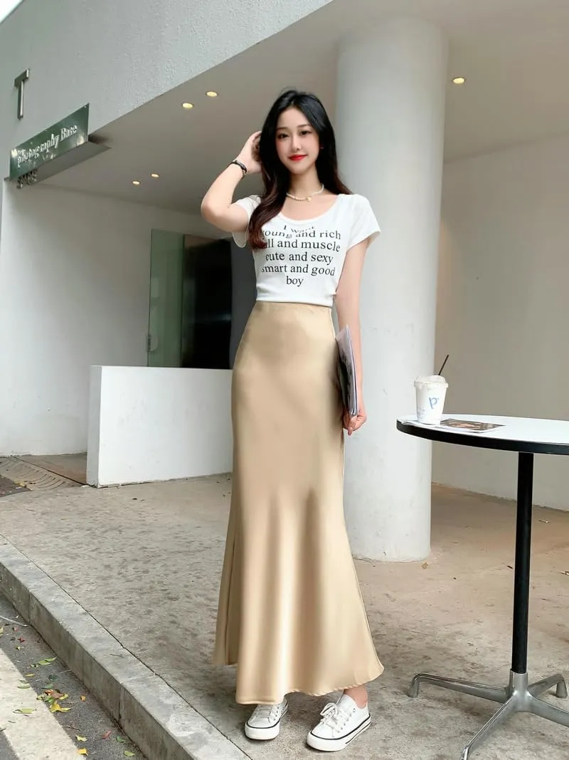 Women’s Satin Silk Midi Skirt Fishtail Mermaid High Waist Long Skirts