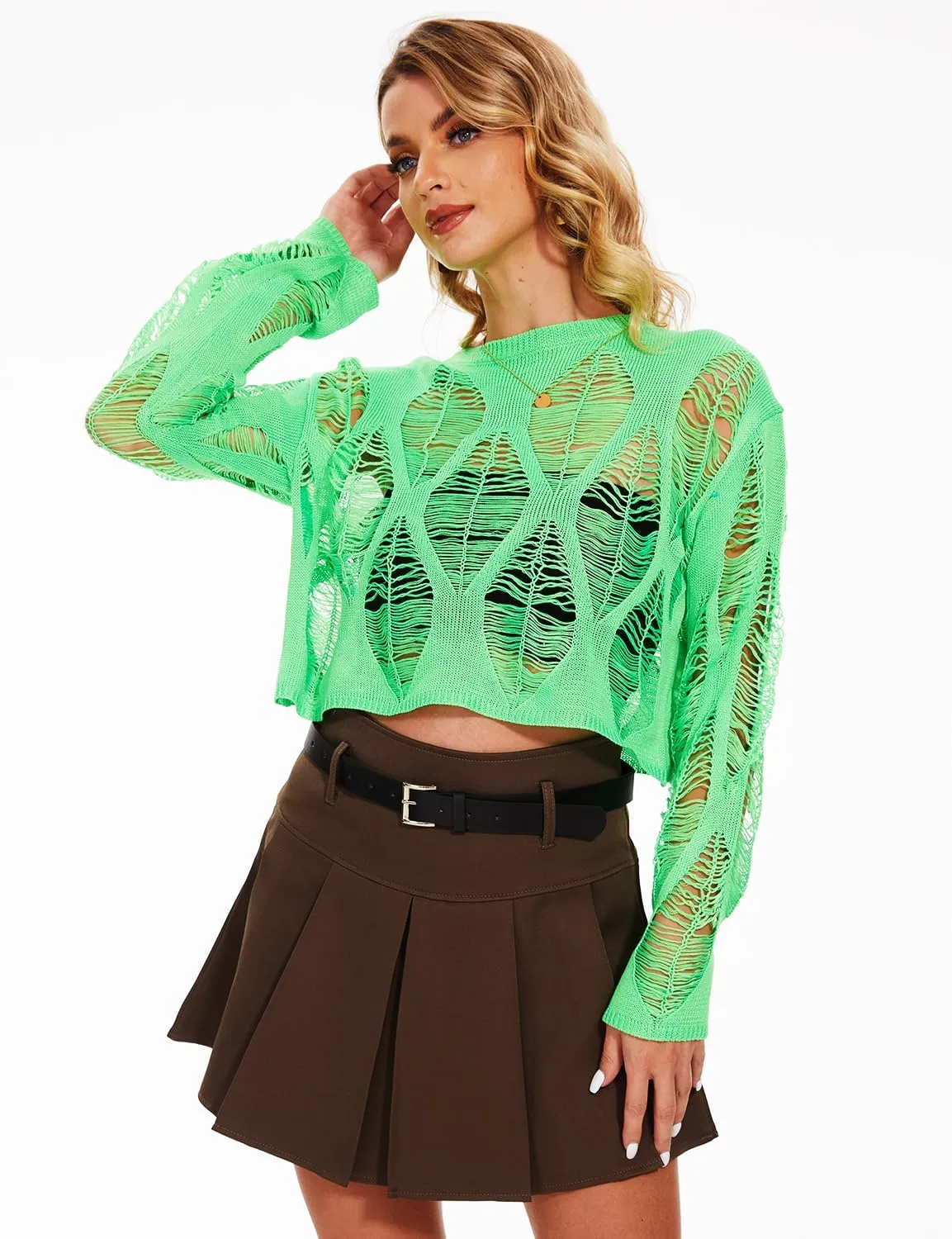 Women's See Through Hole Ripped Crop Tops Knit Pullover Short Sweaters